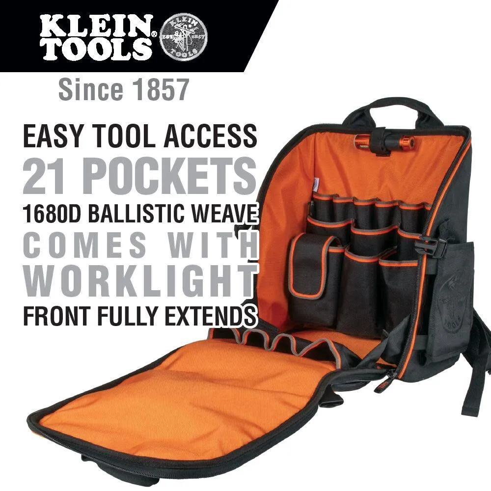 KLEIN TOOLS 55655 Tool Bag Backpack, Tradesman Pro Tool Station with 21 Pockets and Large Interior, Includes Flashlight with Work Light