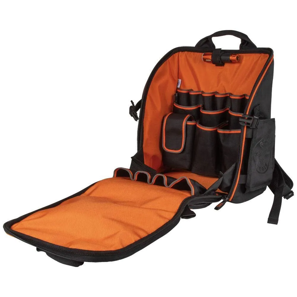 KLEIN TOOLS 55655 Tool Bag Backpack, Tradesman Pro Tool Station with 21 Pockets and Large Interior, Includes Flashlight with Work Light