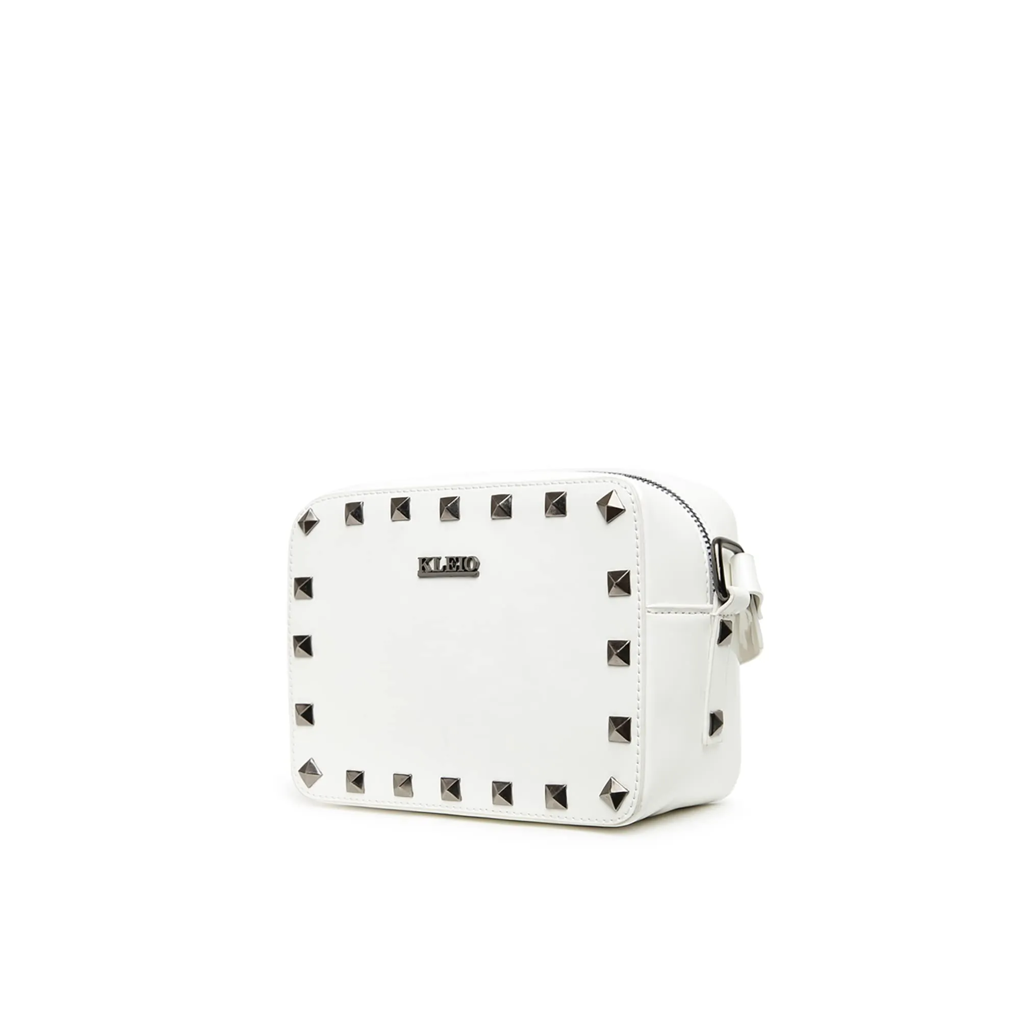 KLEIO Structured Studded Patent Vegan Leather Sling Cross Body Bag for Womens and Girls (HO8051KL-WH) (White)