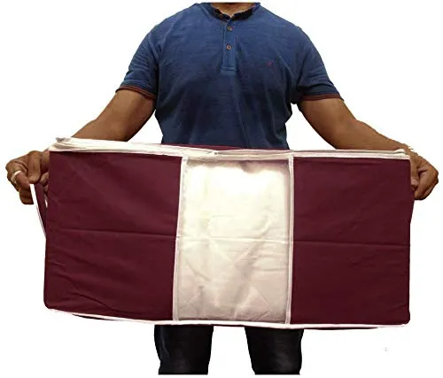 Kuber Industries 2 Piece Non Woven Underbed Storage Bag, Storage Organiser, Blanket Cover with Transparent Window, Extra Large, Maroon & Black CTKTC134527