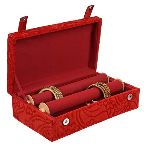 Kuber Industries Bangle Box | Velvet Jewellery Gifts Organizer | Bracelet Organizer for Women | Bangle Box for Women | Self Cut Work |2 Rod Bangle Organizer | Pack of 2 | Red