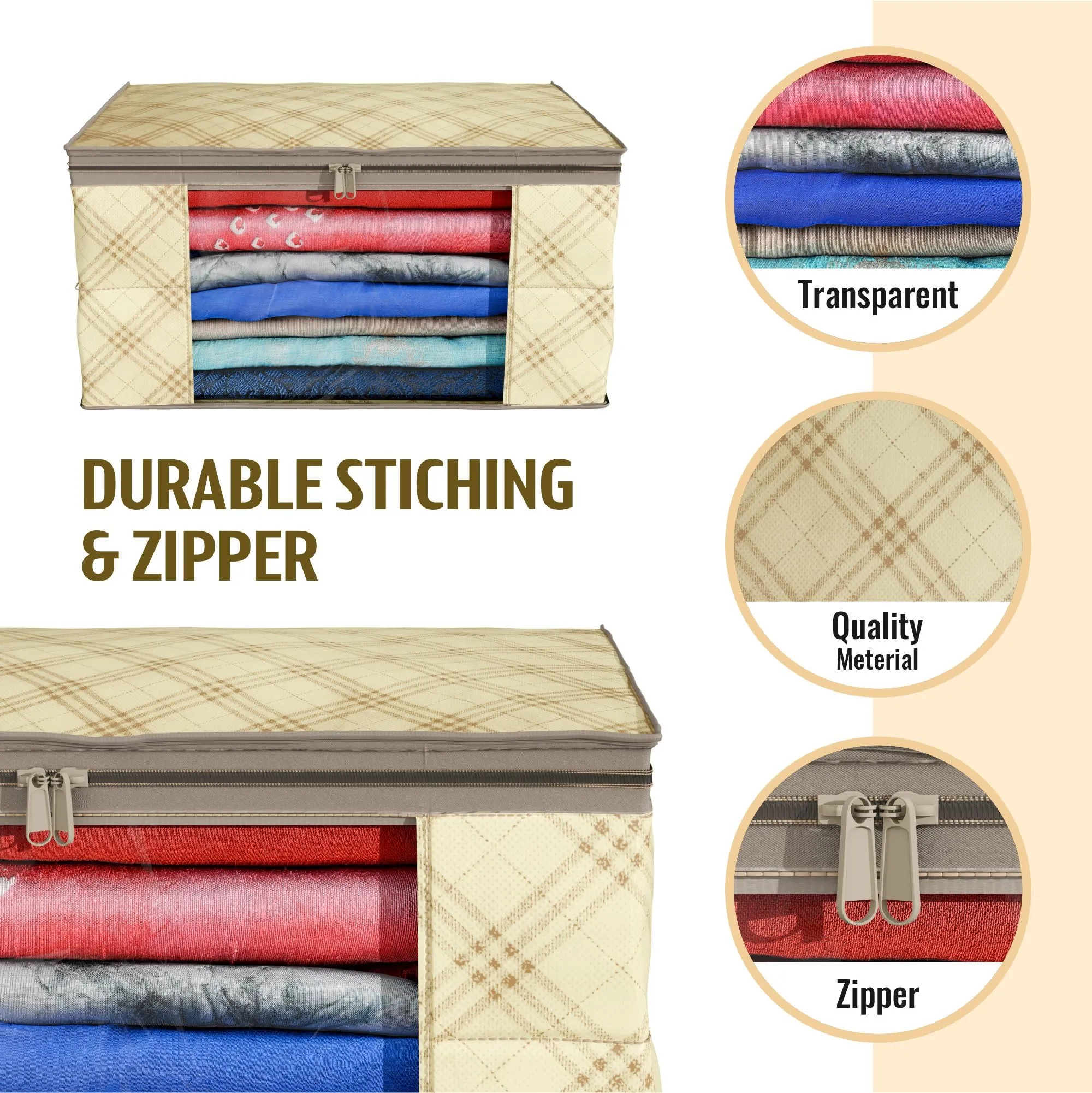 Kuber Industries Clothes Organizer For Wardrobe (Pack of 6) - Storage Organizer For Saree | Shirts | Salwar | Clothes - Dress Organizer For Wardrobe - Saree Covers With Zip (Printed) (Beige)