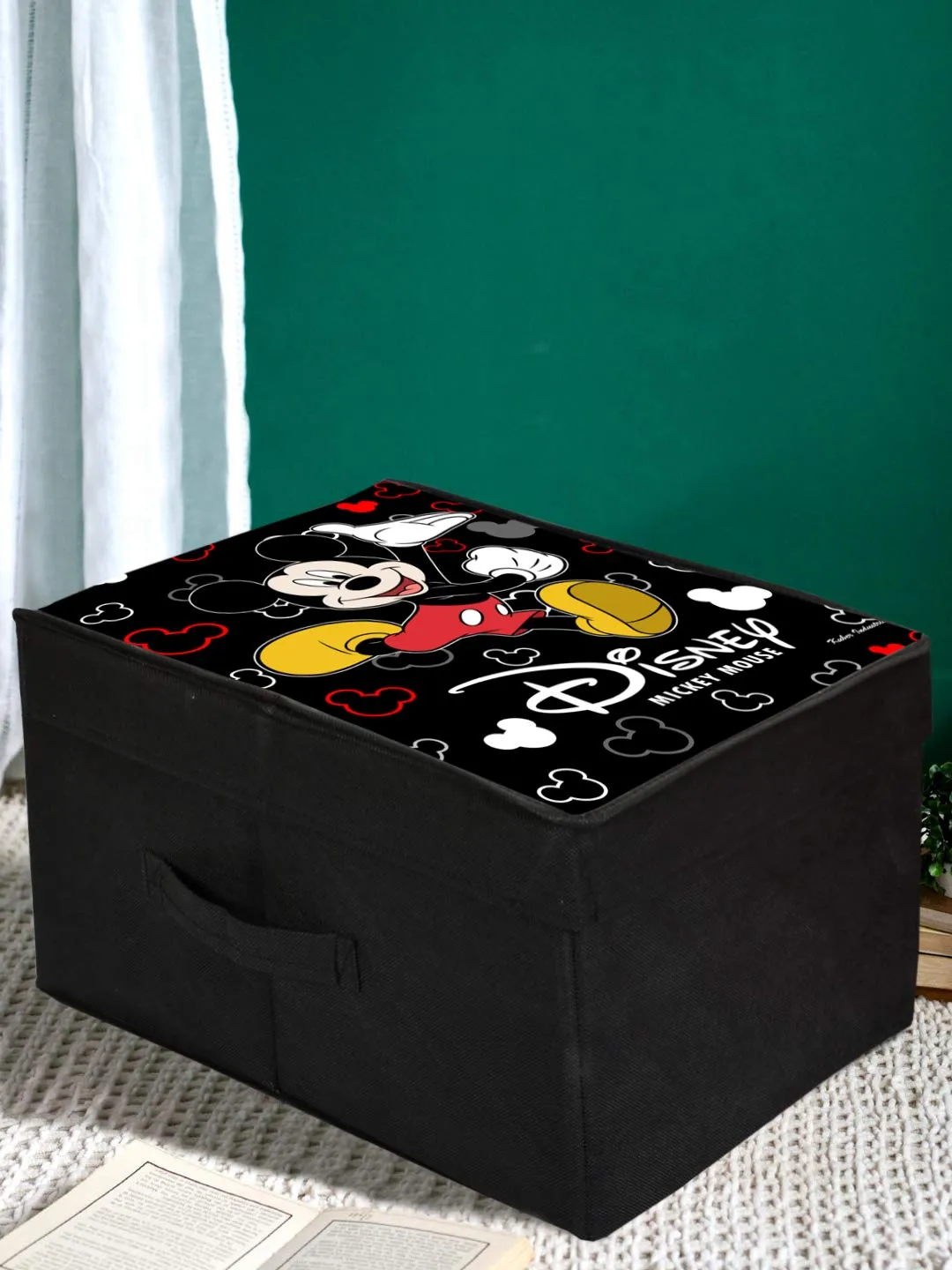 Kuber Industries Disney Mickey Mouse Print Rectangular Non Woven Fabric Foldable Shirt Cover Storage Organizer Box with with Lid (Black, Extra Large, KUBMART3464, Standard)