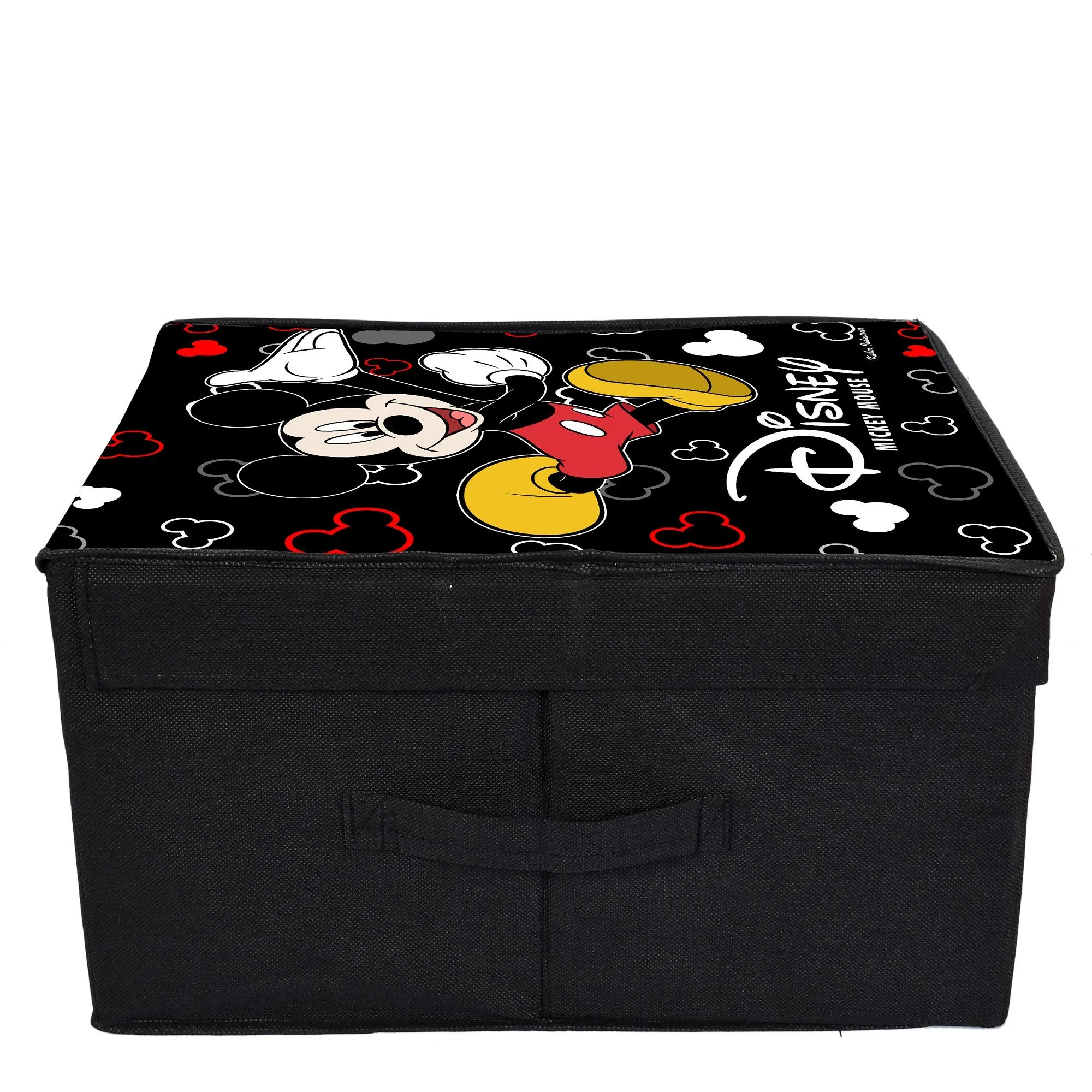 Kuber Industries Disney Mickey Mouse Print Rectangular Non Woven Fabric Foldable Shirt Cover Storage Organizer Box with with Lid (Black, Extra Large, KUBMART3464, Standard)