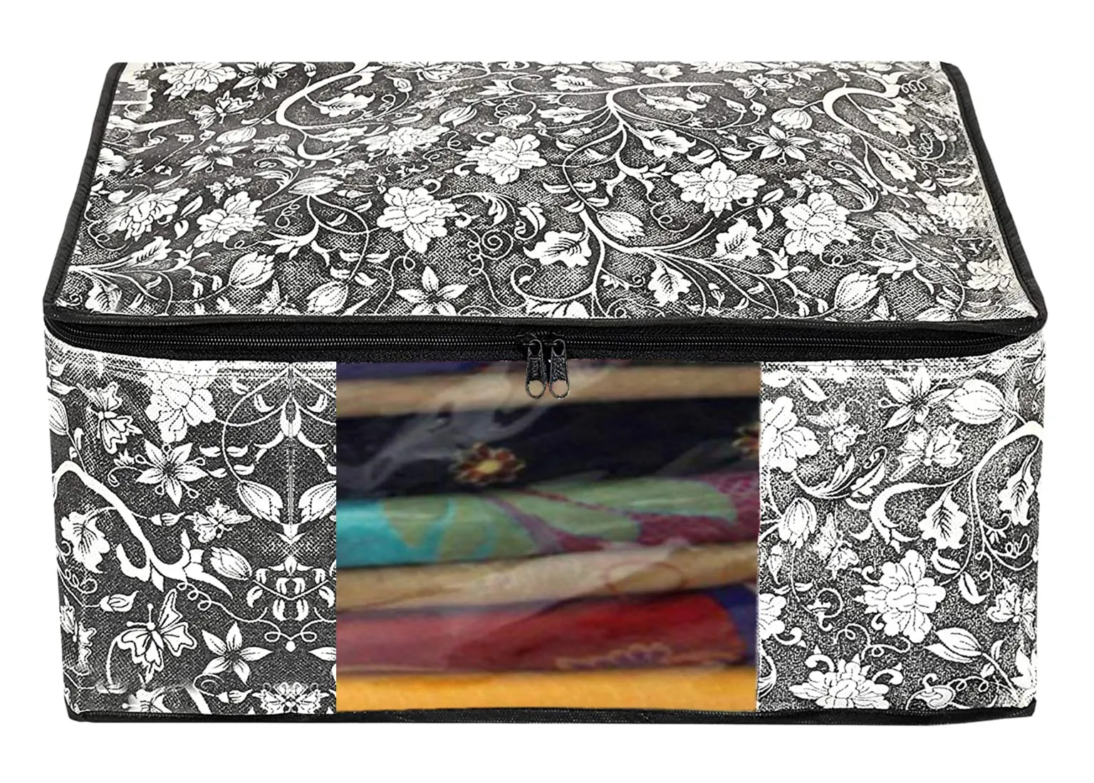 Kuber Industries Flower Design Non-woven Foldable Saree Cover/Clothes Storage Bag/Wardrobe Organizer With Transparent Window- Pack of 6 (Grey & Cream)-44KM0355