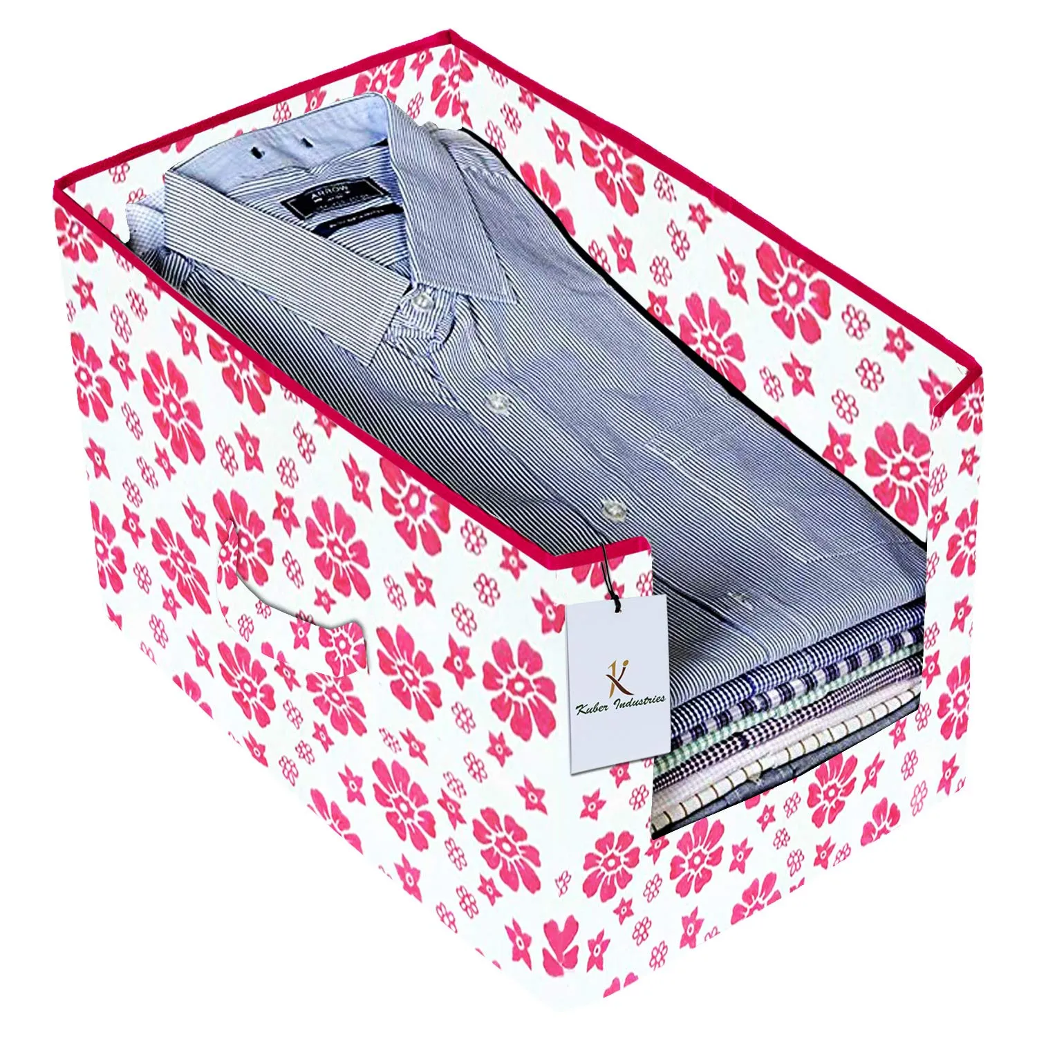 Kuber Industries Flower Printed Non Woven 2 Piece Shirt Stacker and 2 Piece Foldable Rectangle Cloth Saree Stacker Cloth Wardrobe Organizer Wardrobe Organizer (Pink) -CTKTC038194