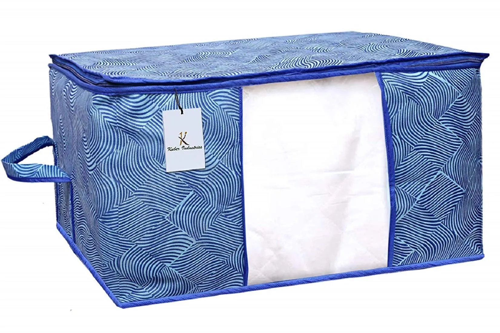 Kuber Industries Leheriya Printed 4 Piece Non Woven Fabric Underbed Storage Bag,Cloth Organiser,Blanket Cover with Transparent Window, Orange & Blue -CTKTC41086