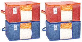 Kuber Industries Leheriya Printed 4 Piece Non Woven Fabric Underbed Storage Bag,Cloth Organiser,Blanket Cover with Transparent Window, Orange & Blue -CTKTC41086