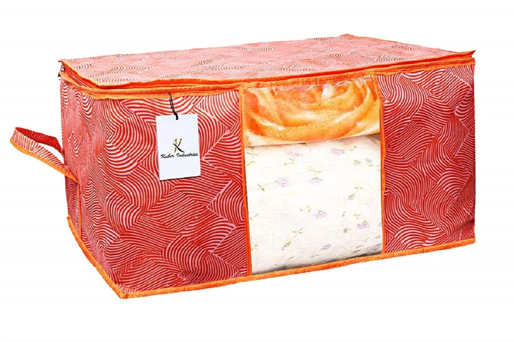 Kuber Industries Leheriya Printed 4 Piece Non Woven Fabric Underbed Storage Bag,Cloth Organiser,Blanket Cover with Transparent Window, Orange & Blue -CTKTC41086