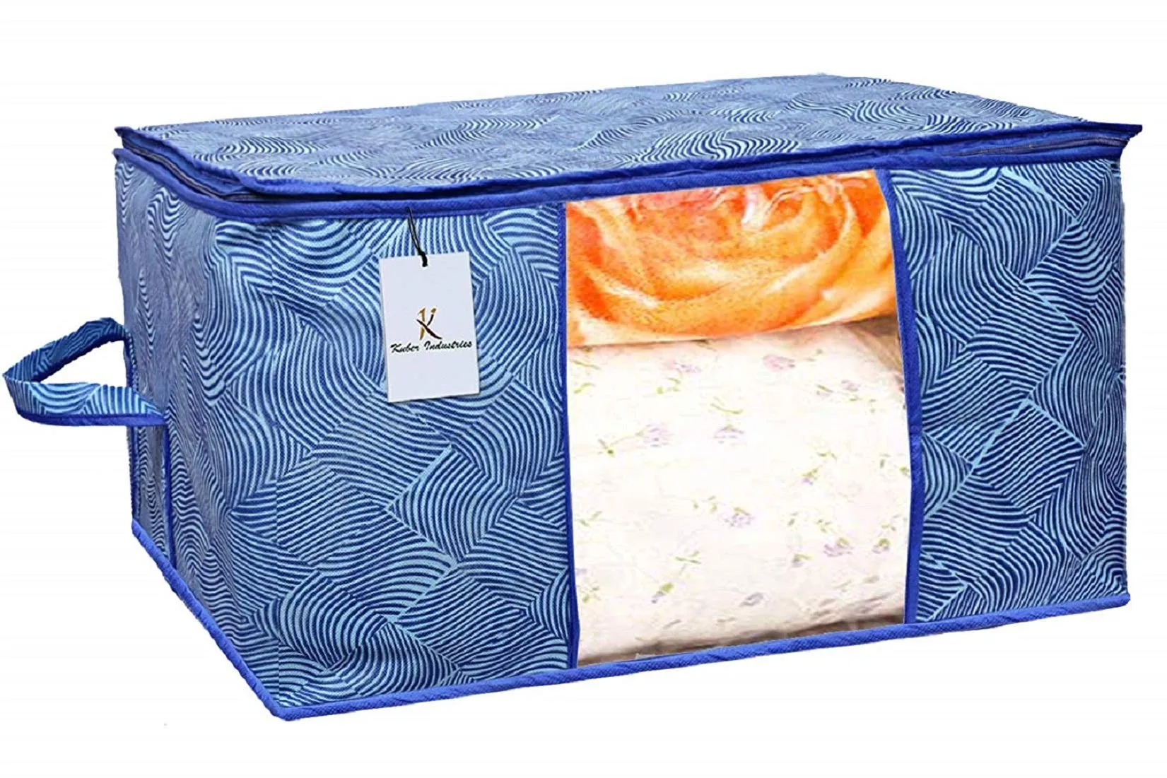 Kuber Industries Leheriya Printed 4 Piece Non Woven Fabric Underbed Storage Bag,Cloth Organiser,Blanket Cover with Transparent Window, Orange & Blue -CTKTC41086