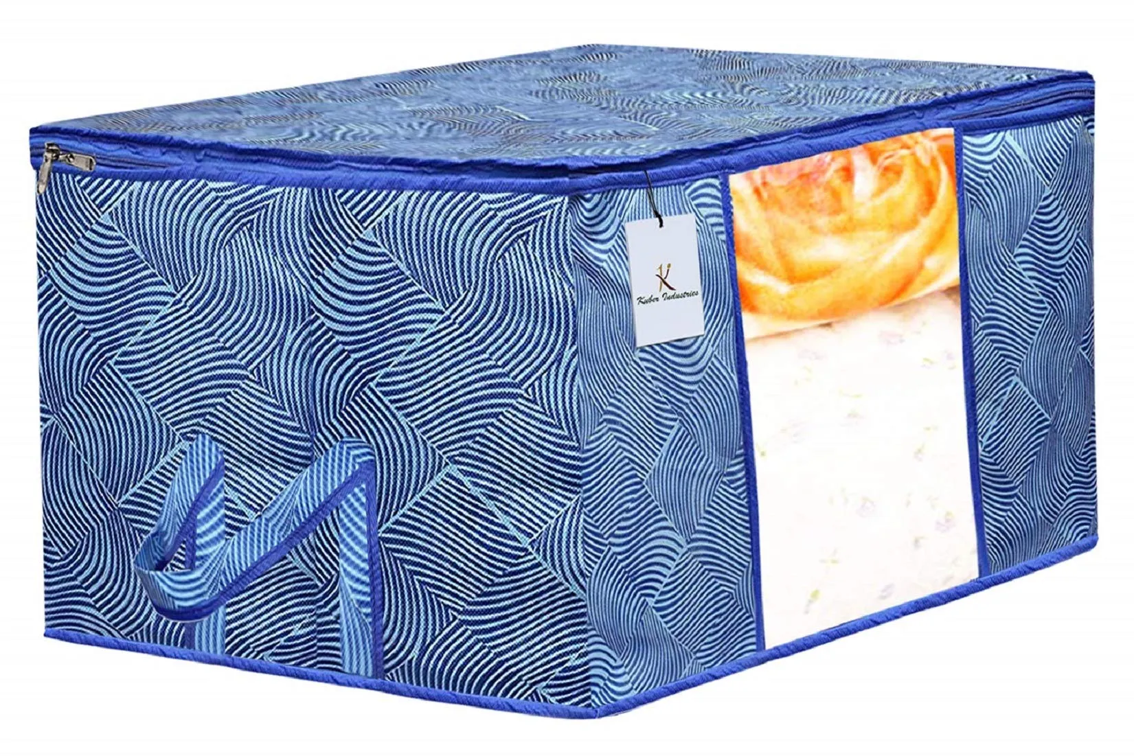 Kuber Industries Leheriya Printed 4 Piece Non Woven Fabric Underbed Storage Bag,Cloth Organiser,Blanket Cover with Transparent Window, Orange & Blue -CTKTC41086