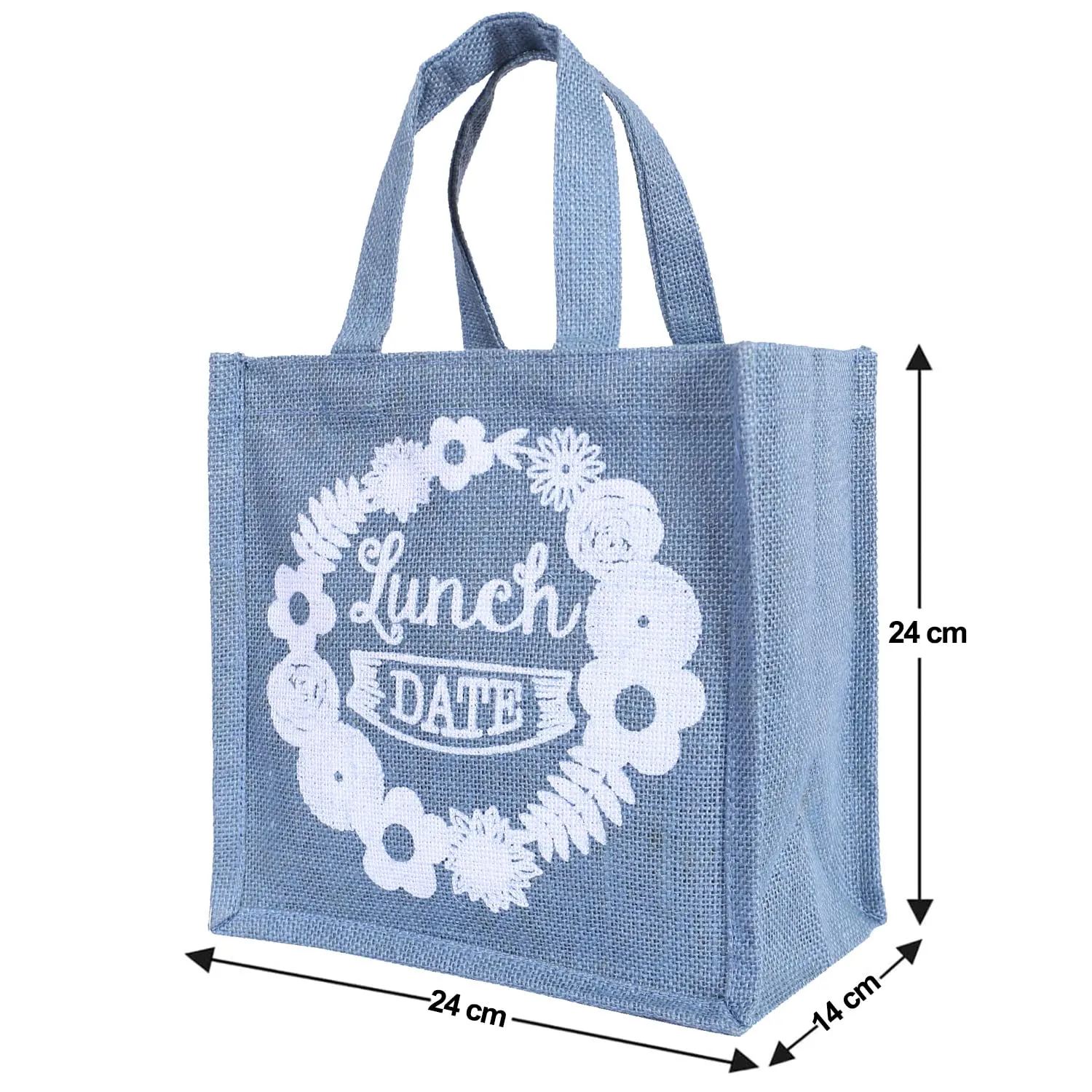 Kuber Industries Lunch Bag|Reusable Jute Fabric Tote Bag|Lunch Date Print Tiffin Carry Hand Bag with Handle for Office,School,Gift,Pack of 2 (Gray)