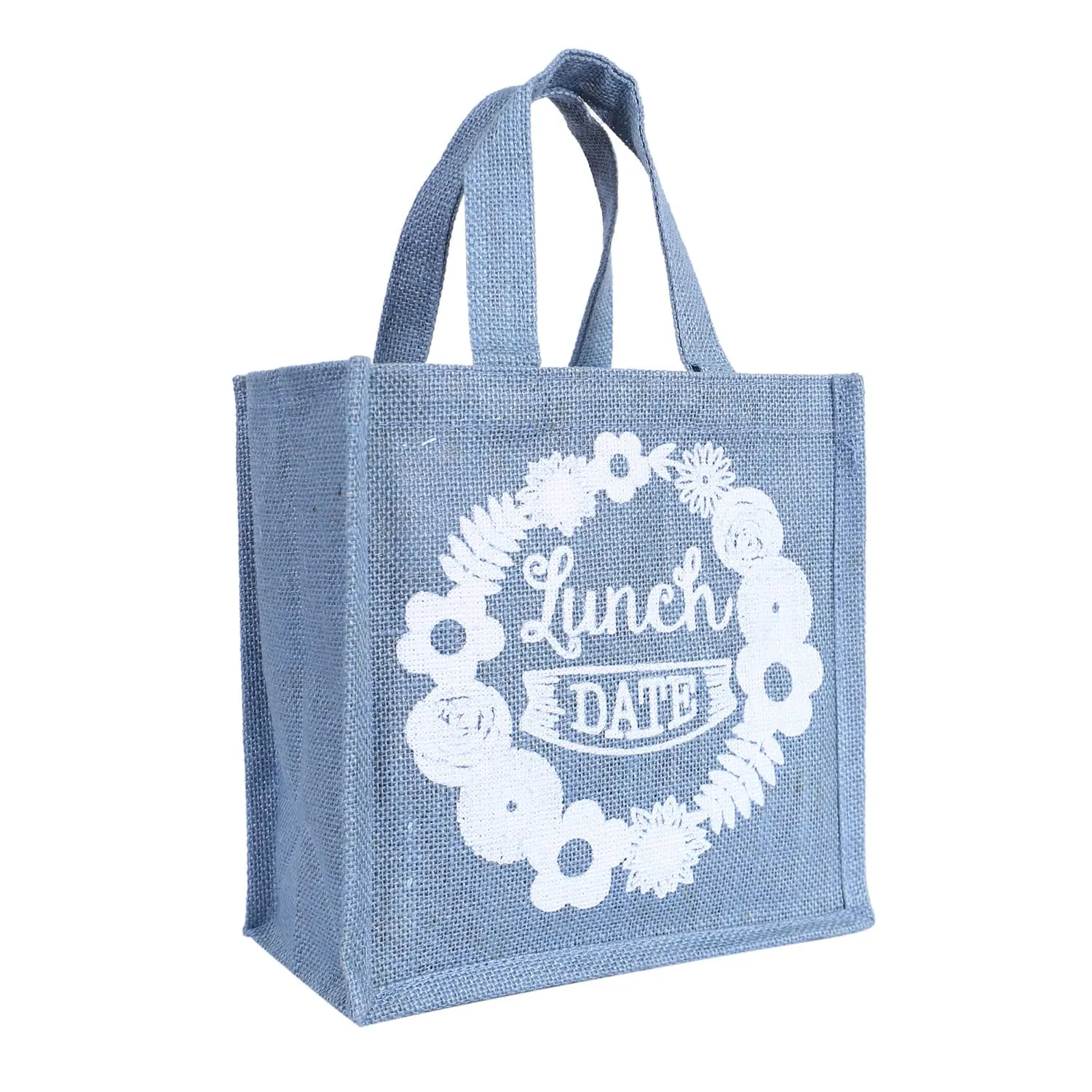 Kuber Industries Lunch Bag|Reusable Jute Fabric Tote Bag|Lunch Date Print Tiffin Carry Hand Bag with Handle for Office,School,Gift,Pack of 2 (Gray)