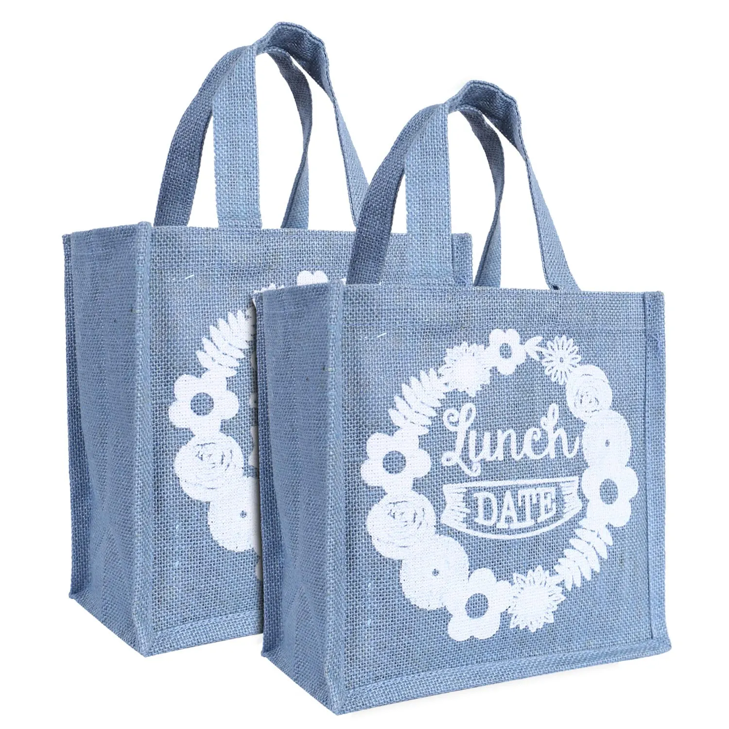 Kuber Industries Lunch Bag|Reusable Jute Fabric Tote Bag|Lunch Date Print Tiffin Carry Hand Bag with Handle for Office,School,Gift,Pack of 2 (Gray)