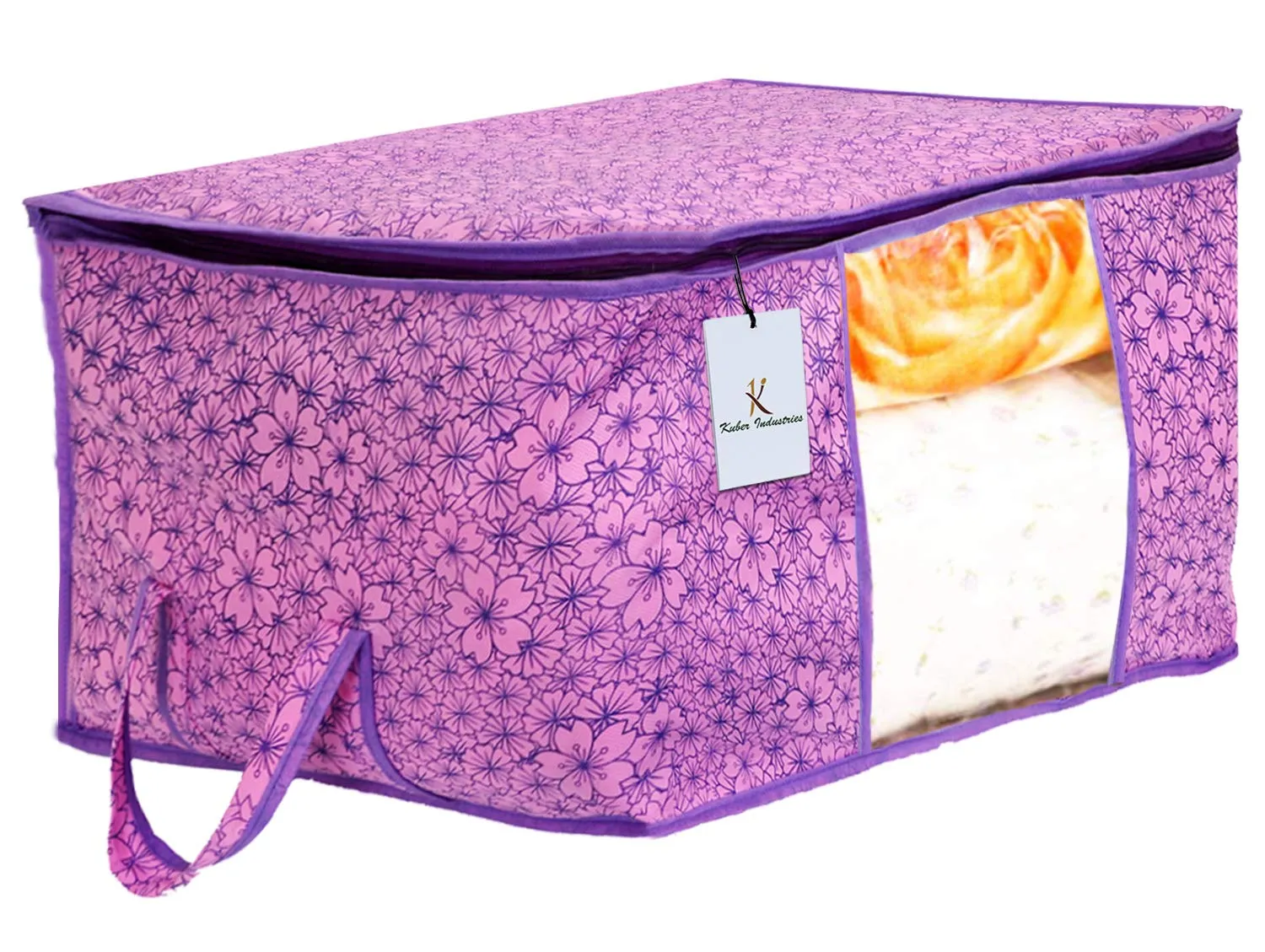 Kuber Industries Metallic Flower Design Non Woven Underbed Rectangular Storage Organiser Bag (Pink and Purple, Standard, CTKTC034562)