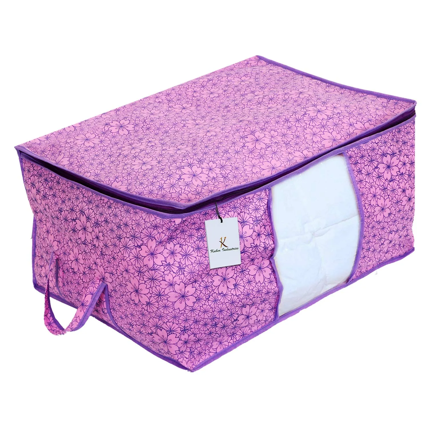 Kuber Industries Metallic Flower Design Non Woven Underbed Rectangular Storage Organiser Bag (Pink and Purple, Standard, CTKTC034562)