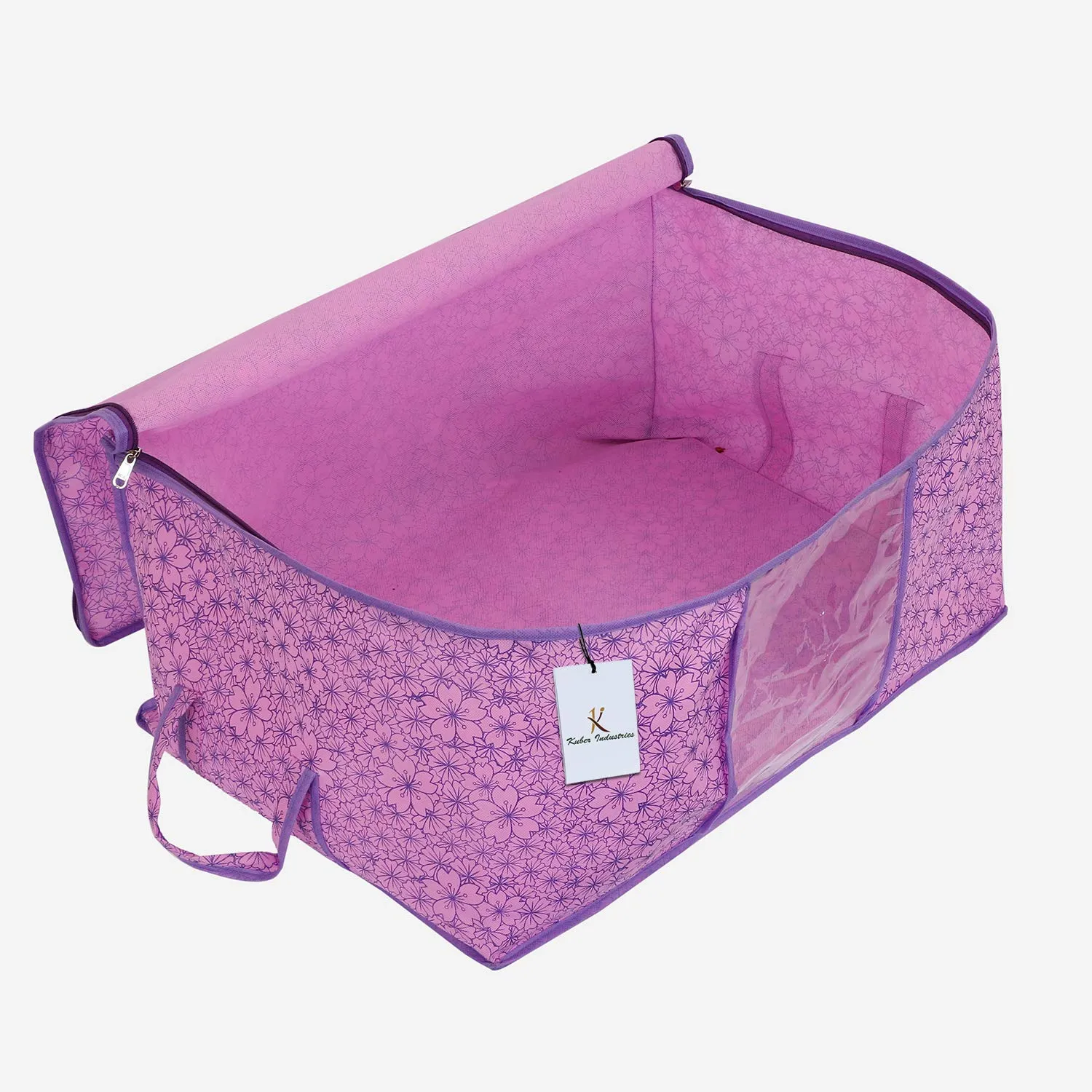 Kuber Industries Metallic Flower Design Non Woven Underbed Rectangular Storage Organiser Bag (Pink and Purple, Standard, CTKTC034562)