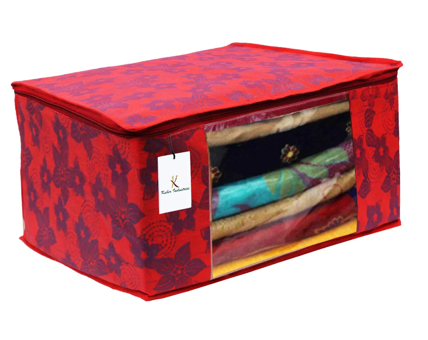 Kuber Industries Metallic Printed Non Woven 4 Pieces Saree Cover and 4 Pieces Underbed Storage Bag, Cloth Organizer for Storage, Blanket Cover Combo Set (Red) -CTKTC038553