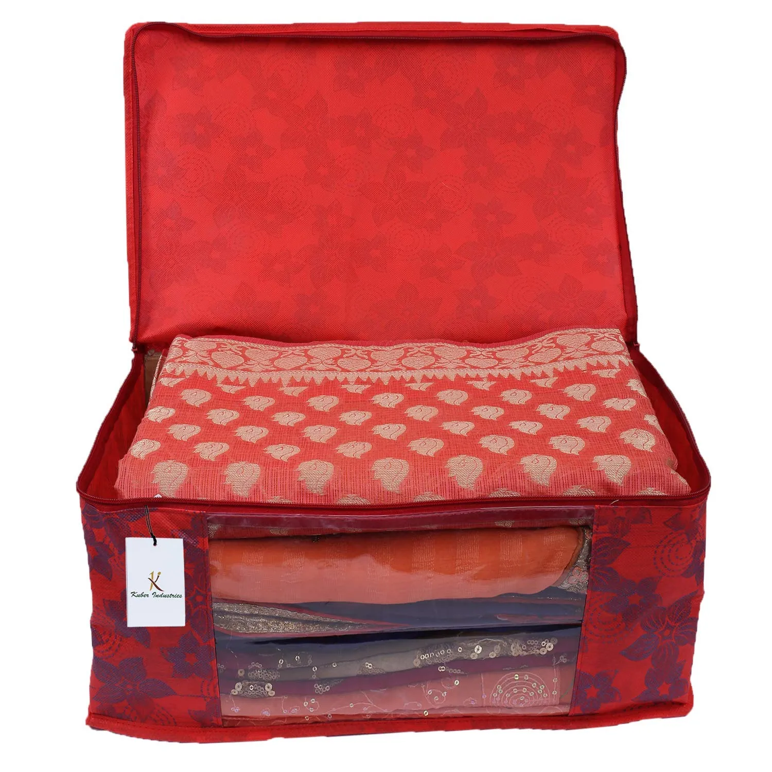 Kuber Industries Metallic Printed Non Woven 4 Pieces Saree Cover and 4 Pieces Underbed Storage Bag, Cloth Organizer for Storage, Blanket Cover Combo Set (Red) -CTKTC038553