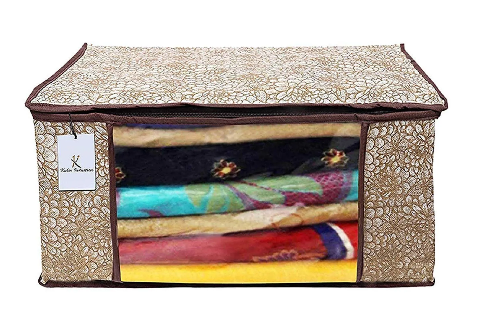 Kuber Industries Metallic Printed Non Woven 6 Pieces Saree Cover and 3 Pieces Underbed Storage Bag, Cloth Organizer for Storage, Blanket Cover Combo Set (Gold & Brown) - CTKTC038604