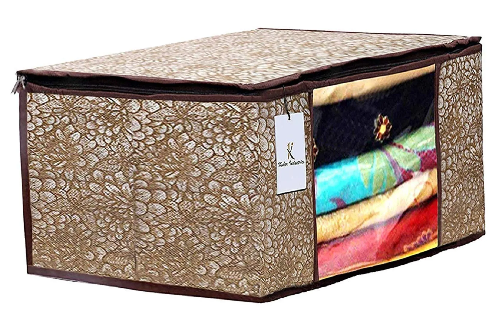 Kuber Industries Metallic Printed Non Woven 6 Pieces Saree Cover and 3 Pieces Underbed Storage Bag, Cloth Organizer for Storage, Blanket Cover Combo Set (Gold & Brown) - CTKTC038604