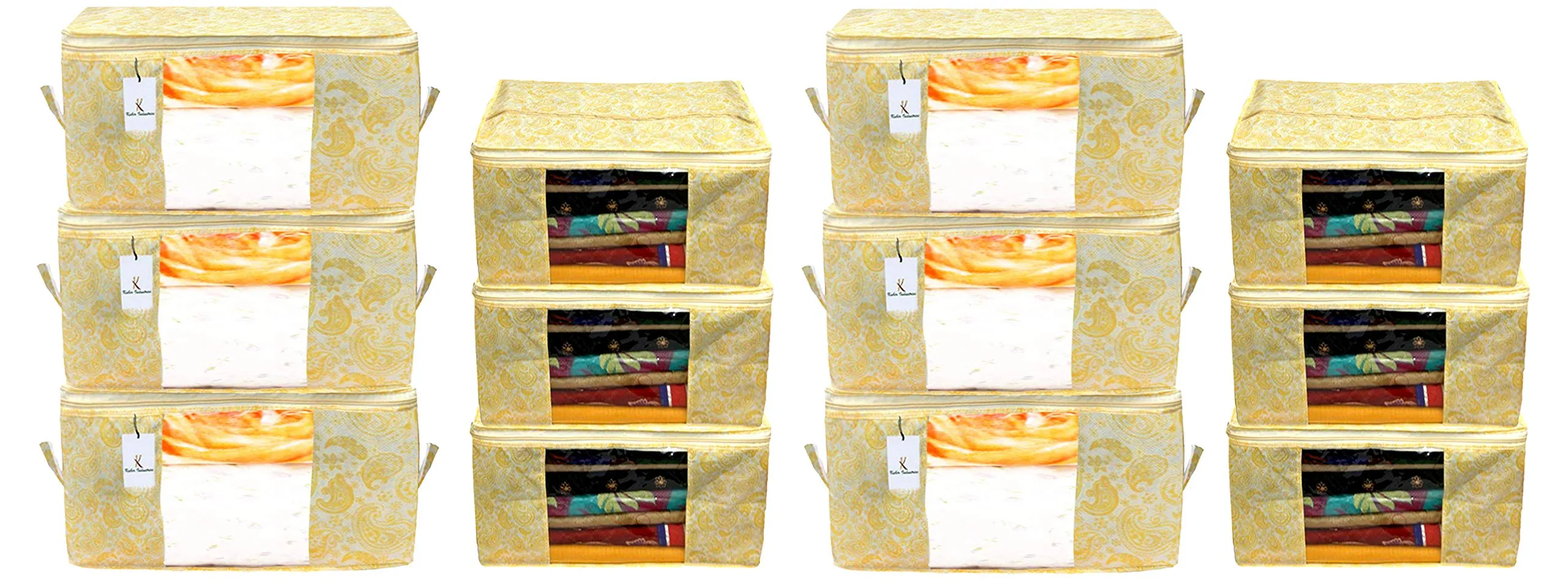 Kuber Industries Metallic Printed Non Woven 6 Pieces Saree Cover and 6 Pieces Underbed Storage Bag, Cloth Organizer for Storage, Blanket Cover Combo Set (Gold) -CTKTC38593