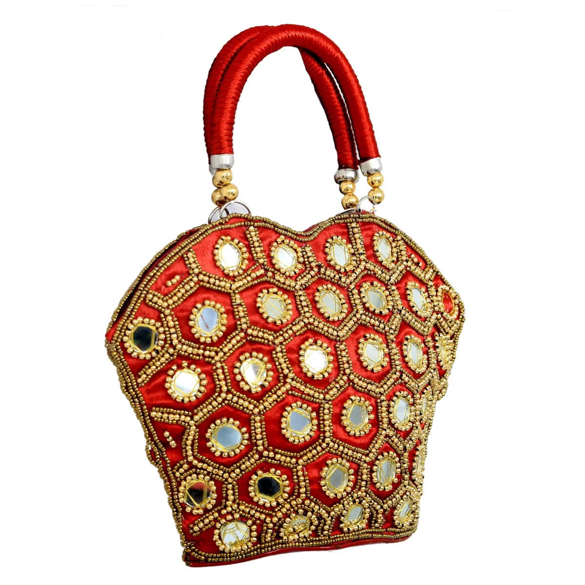 Kuber Industries Mirror Work Silk Handheld Bag, Small, Red