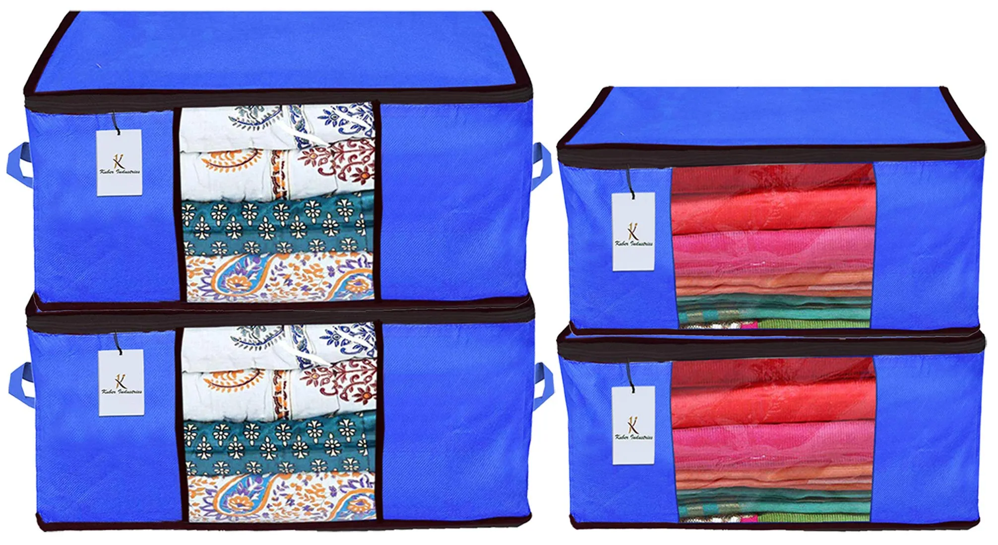 Kuber Industries Non Woven 2 Pieces Saree Cover and 2 Pieces Underbed Storage Bag, Cloth Organizer for Storage, Blanket Cover Combo Set (Royal Blue) -CTKTC38487