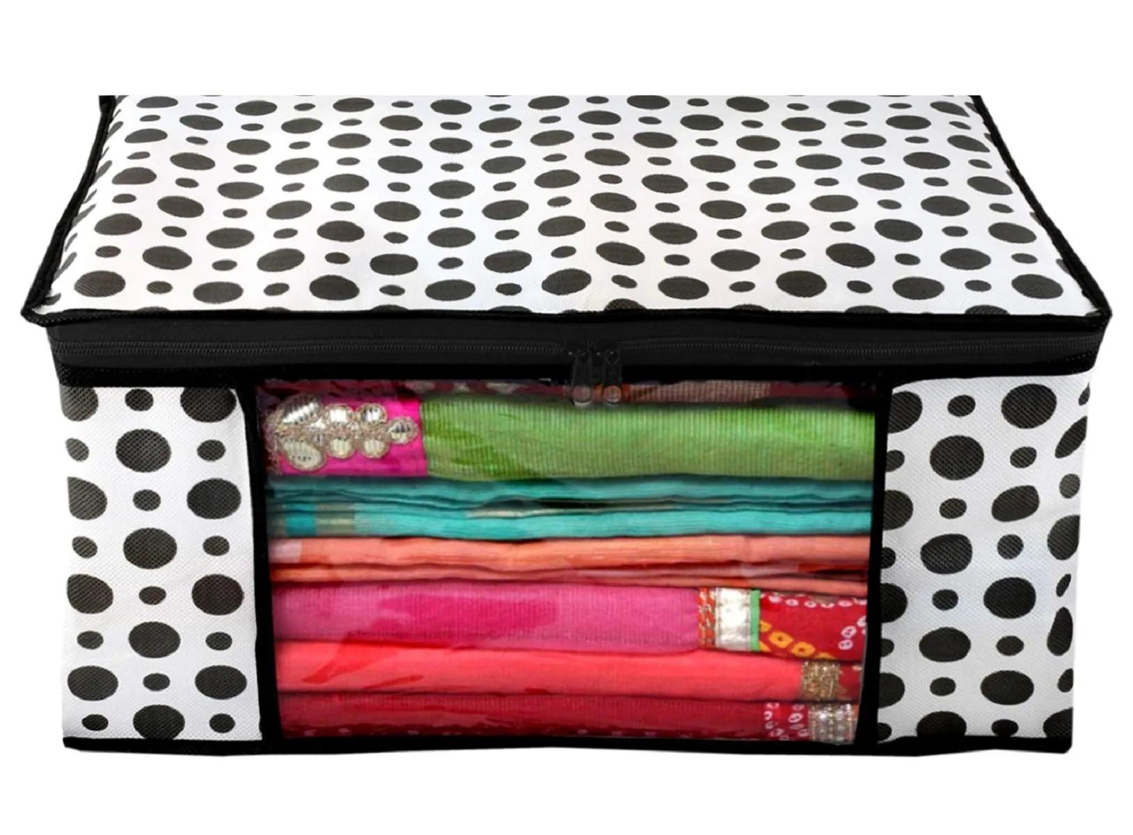 Kuber Industries Polka Dots Design Non-woven Foldable Saree Cover|Clothes Storage Bag/Wardrobe Organizer|Zipper Closer With Transparent Window|Size 46 x 32 x 22 CM|Pack of 3 (Black & White)