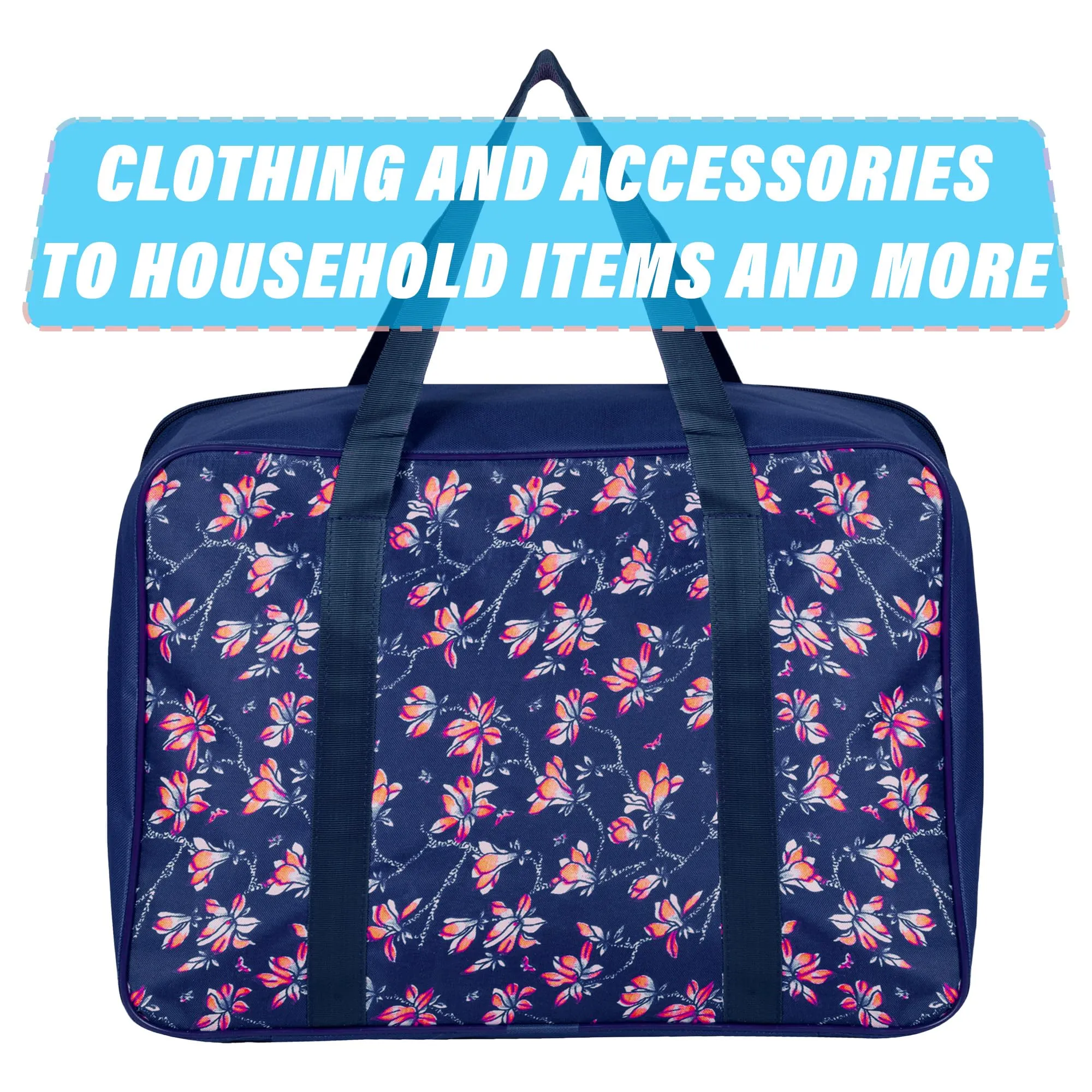 Kuber Industries Storage Bag | Clothes Storage Attachi Bag | Underbed Storage Bag | Zipper Storage Bag | Wardrobe Organizer with Handle | Travel Attachi Bag | Flower-Print | Large | Navy Blue