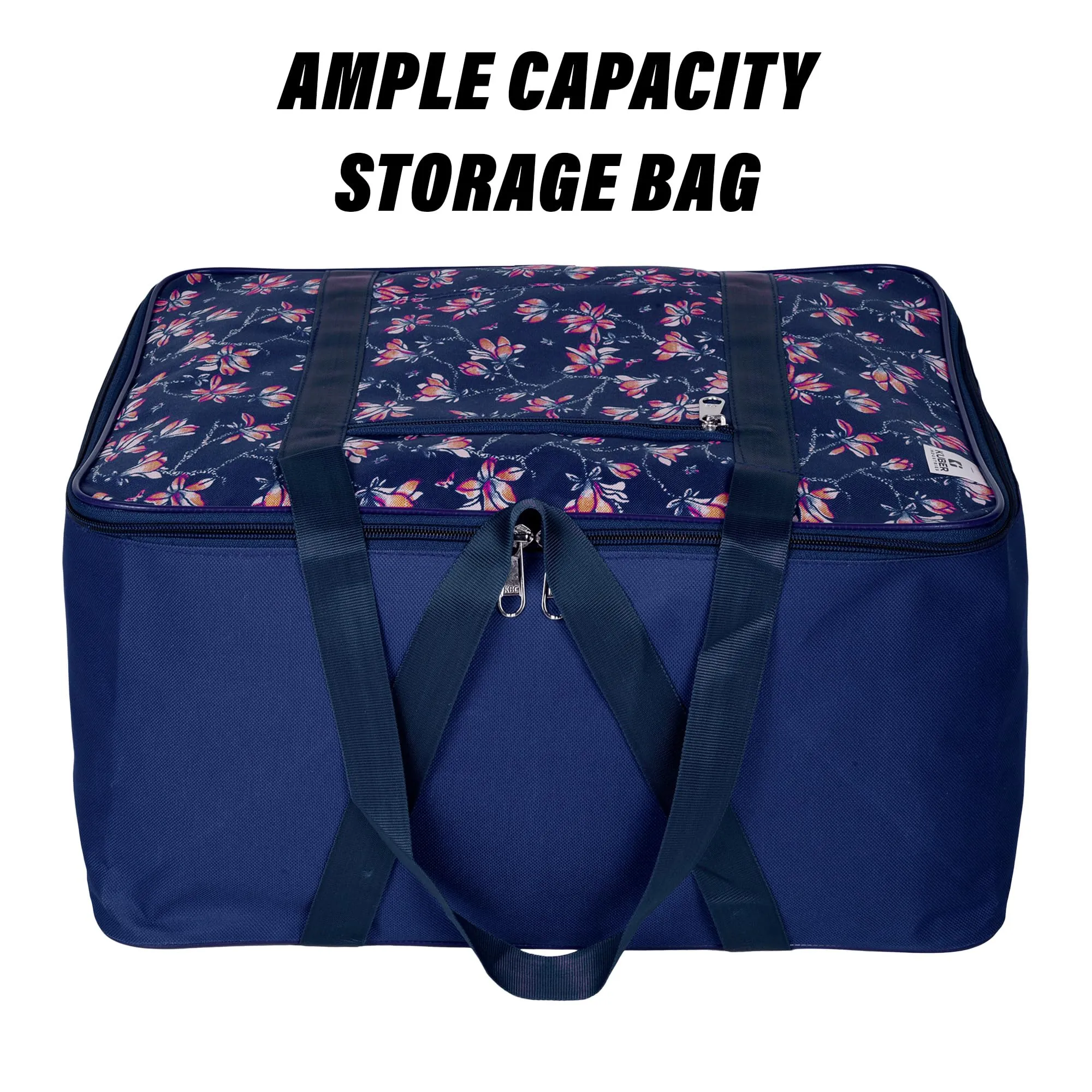 Kuber Industries Storage Bag | Clothes Storage Attachi Bag | Underbed Storage Bag | Zipper Storage Bag | Wardrobe Organizer with Handle | Travel Attachi Bag | Flower-Print | Large | Navy Blue