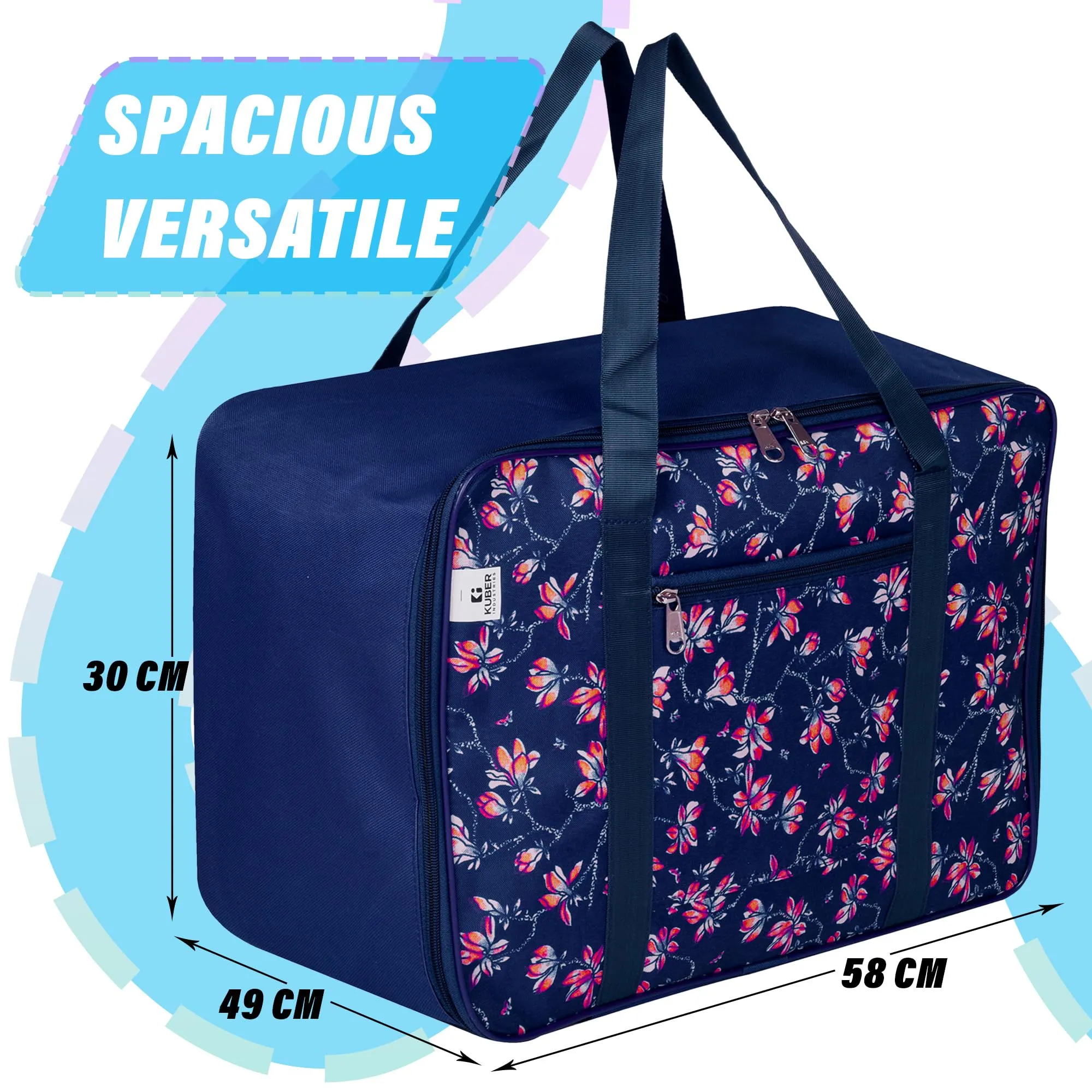 Kuber Industries Storage Bag | Clothes Storage Attachi Bag | Underbed Storage Bag | Zipper Storage Bag | Wardrobe Organizer with Handle | Travel Attachi Bag | Flower-Print | Large | Navy Blue