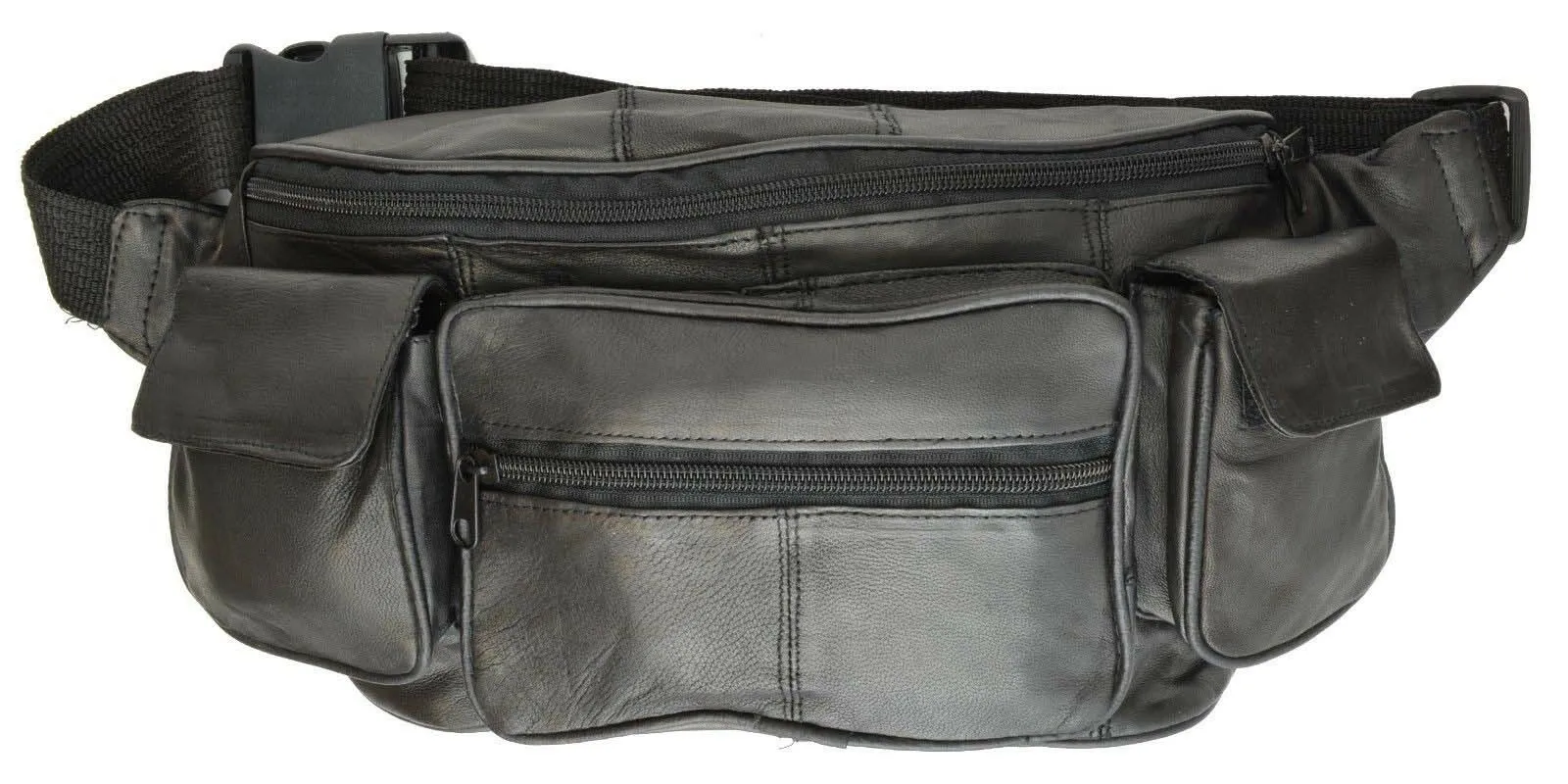 Large Black Solid Leather Waist Fanny Pack Belt Bag Travel Hip Purse Mens Womens Marshal