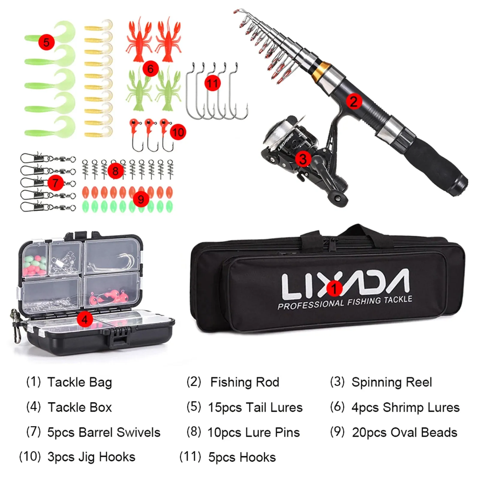 Lixada Fishing Rod Reel Combo Full Kit with 2.1m 2.3m Telescopic Fishing Rods 2PCS Spinning Reels Set with Hooks Soft Lures