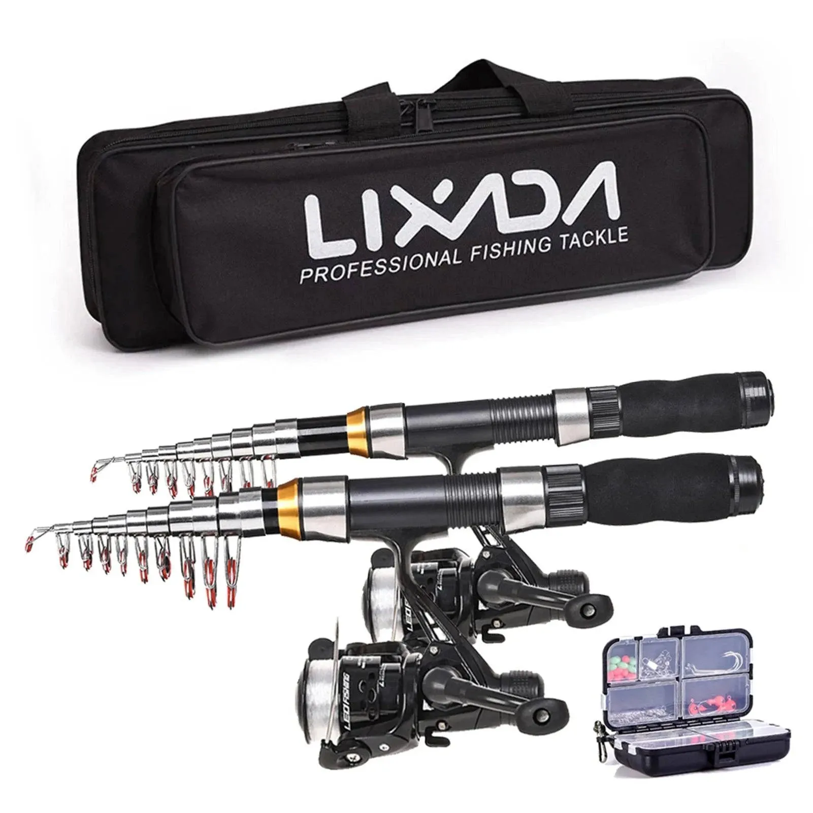 Lixada Fishing Rod Reel Combo Full Kit with 2.1m 2.3m Telescopic Fishing Rods 2PCS Spinning Reels Set with Hooks Soft Lures