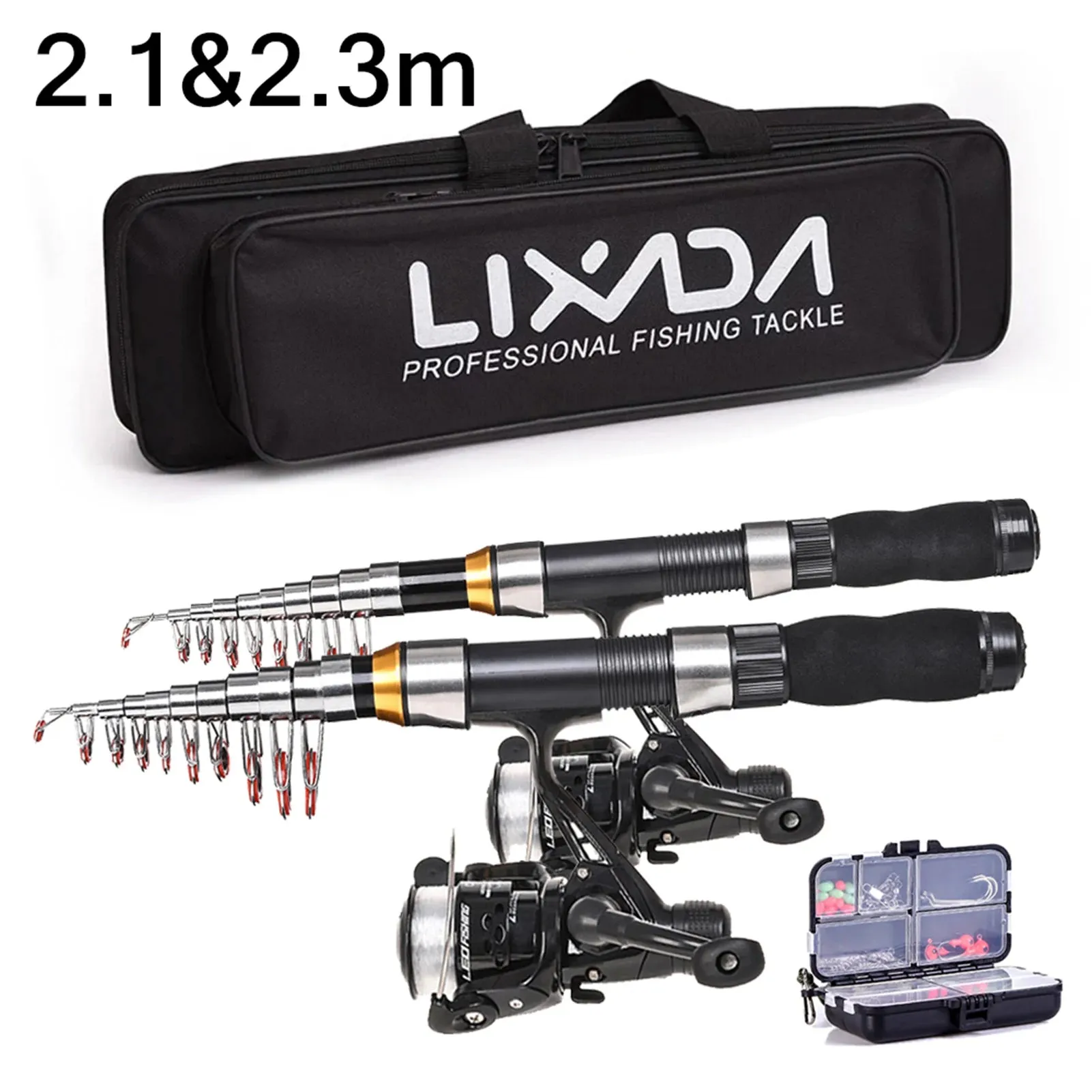 Lixada Fishing Rod Reel Combo Full Kit with 2.1m 2.3m Telescopic Fishing Rods 2PCS Spinning Reels Set with Hooks Soft Lures