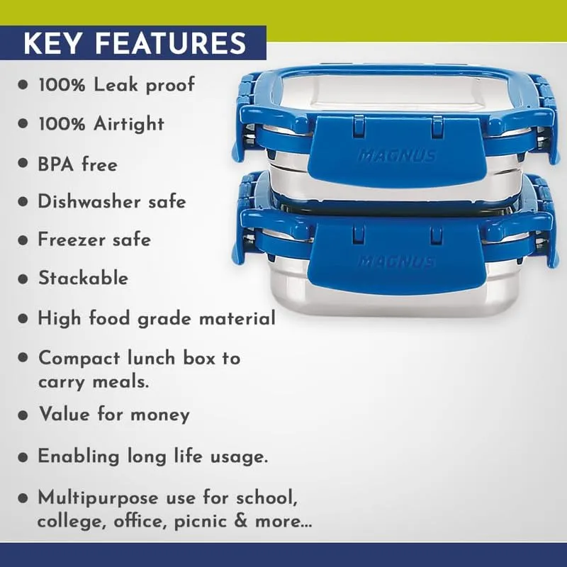 Magnus Milo 2 Airtight Stainless Steel Lunch Box with Carrying Bag, Blue | Leakproof Lunch Box for Kids and Adults | Ideal Lunch Boxes for Office Men | Insulated Cover - 2 Containers