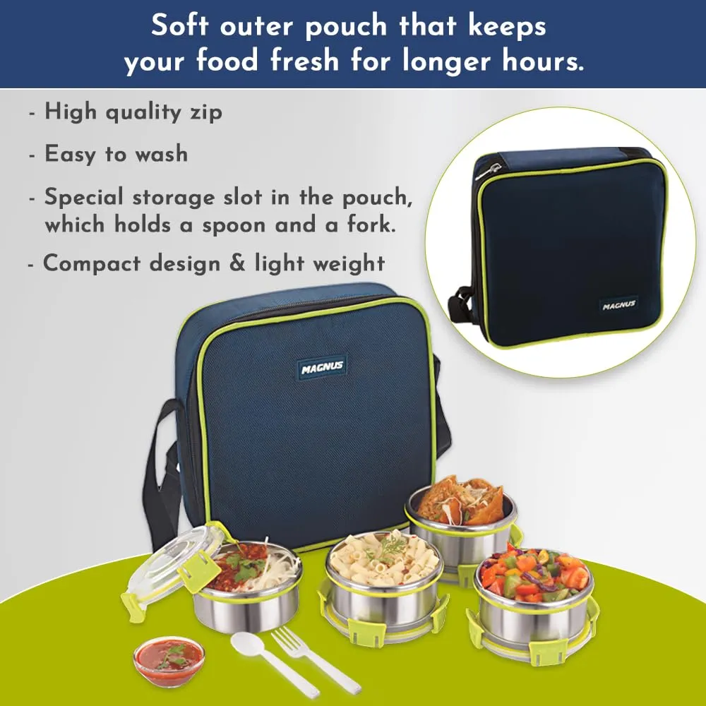 Magnus Quatro 4-Piece Stainless Steel Lunch Box Set | Airtight, Leakproof Containers | Insulated Cover & Bag | BPA Free | Ideal Lunch Box for Kids, Office Men, Women | Office & School Tiffin