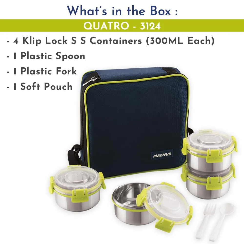 Magnus Quatro 4-Piece Stainless Steel Lunch Box Set | Airtight, Leakproof Containers | Insulated Cover & Bag | BPA Free | Ideal Lunch Box for Kids, Office Men, Women | Office & School Tiffin