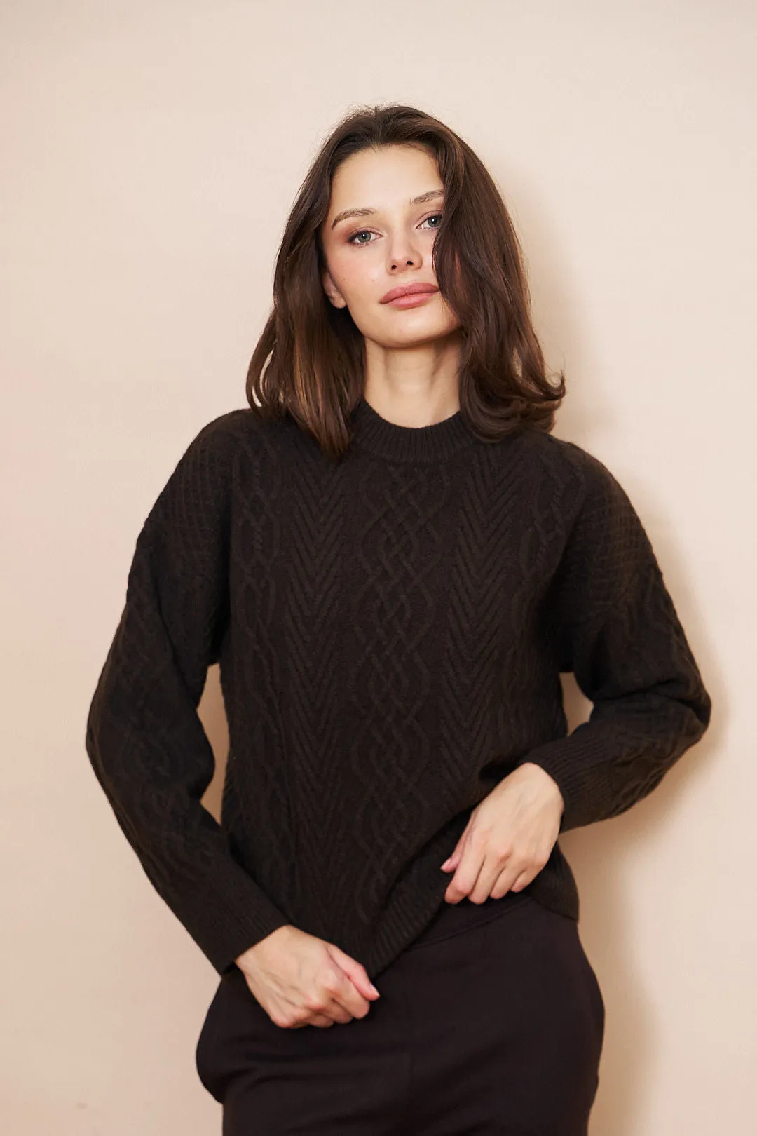 Majestic Yak Wool Cable Long Sleeve Crewneck in Chocolate