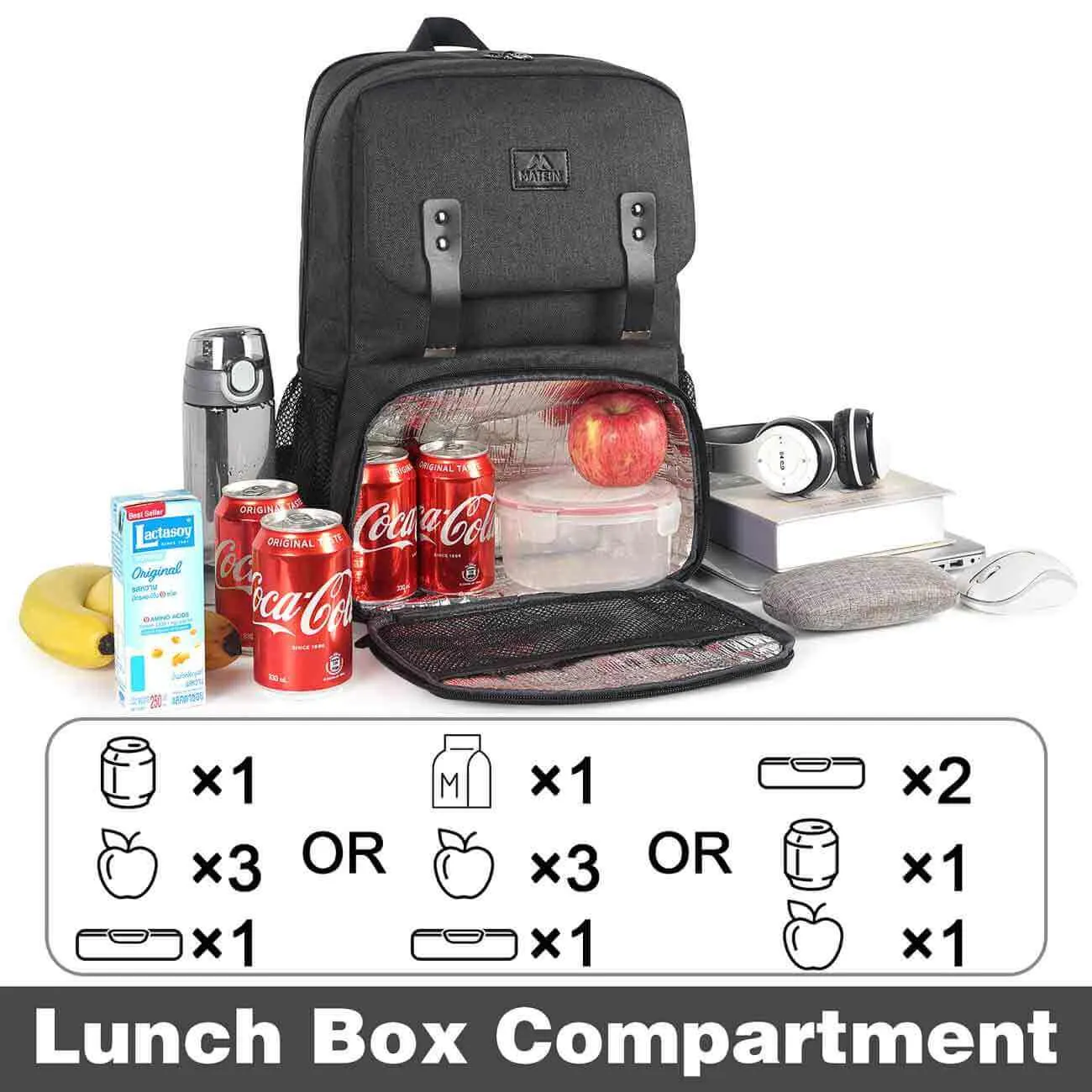 Matein Charcoal Black Bookbag With Lunch Box