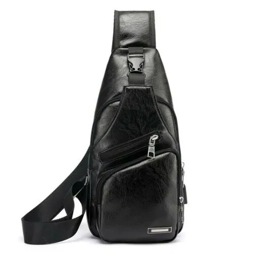 Men's Leather Sling Pack Chest Shoulder Crossbody Bag Backpack Biker