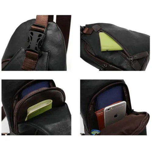 Men's Leather Sling Pack Chest Shoulder Crossbody Bag Backpack Biker