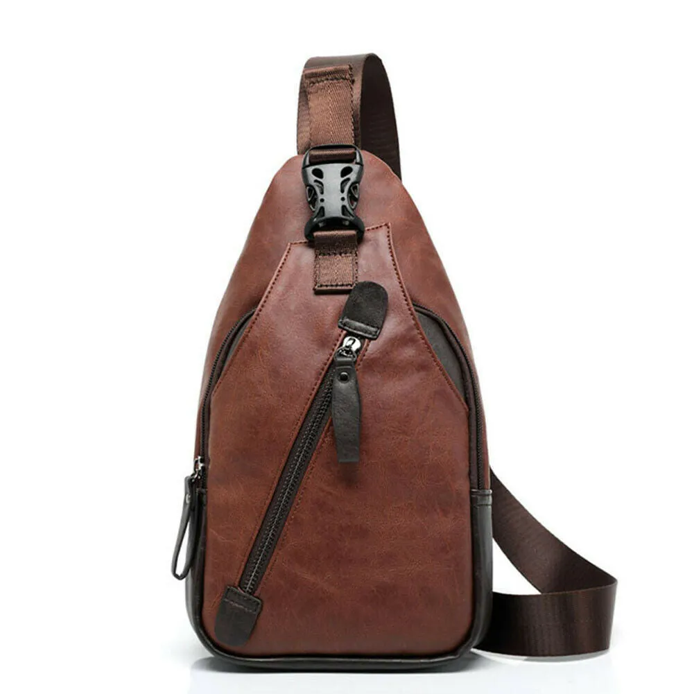 Men's Leather Sling Pack Chest Shoulder Crossbody Bag Backpack Biker