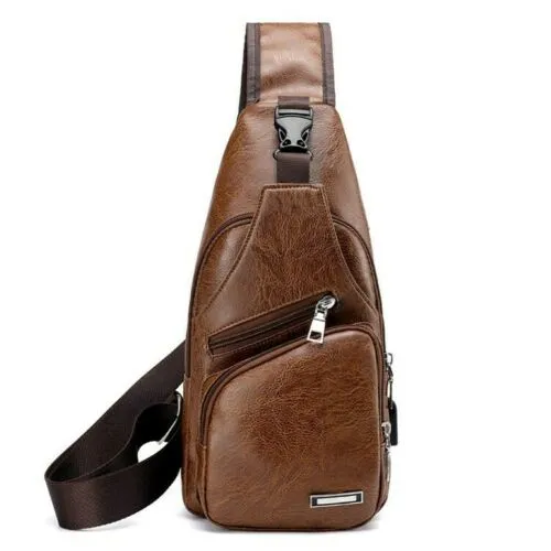 Men's Leather Sling Pack Chest Shoulder Crossbody Bag Backpack Biker