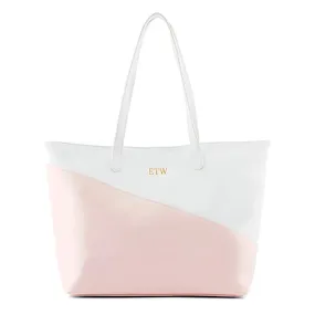 Monogrammed Pink White Faux Vegan Leather Tote Bag