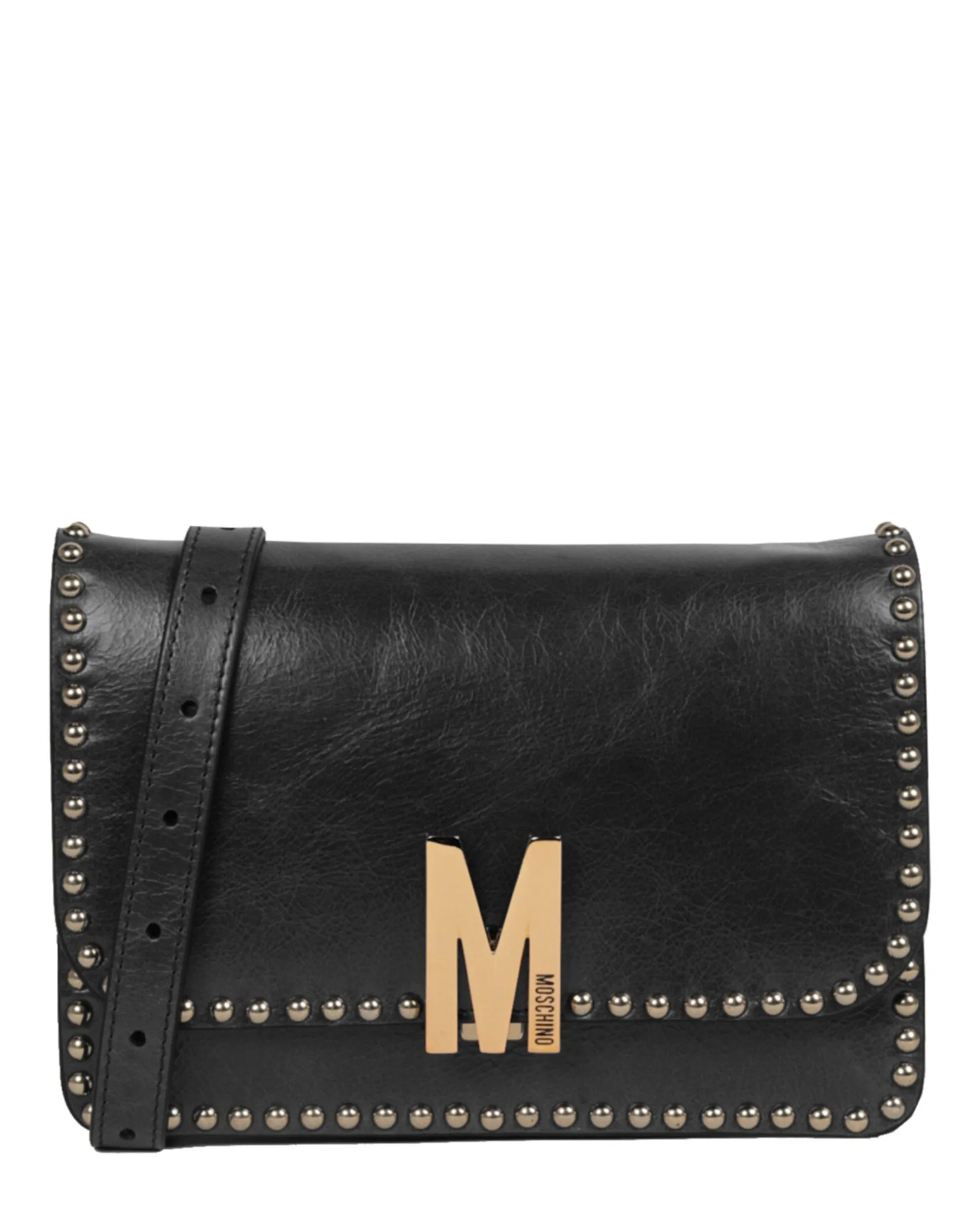 Moschino M Logo Studded Leather Shoulder Bag