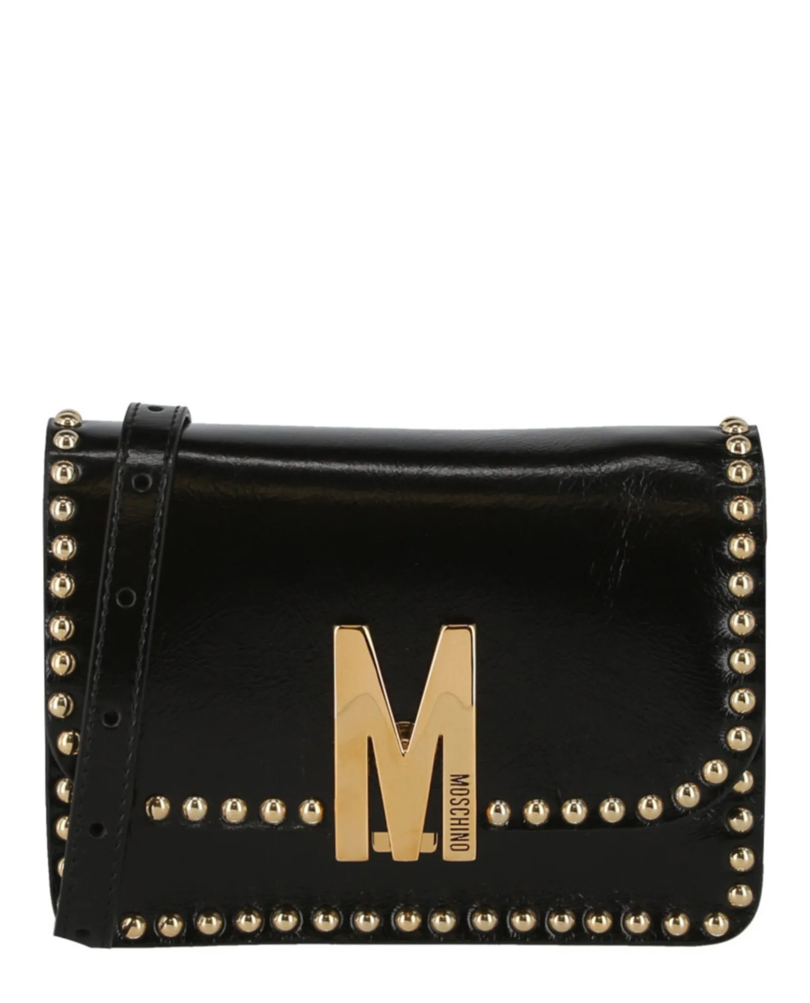 Moschino M Logo Studded Leather Shoulder Bag