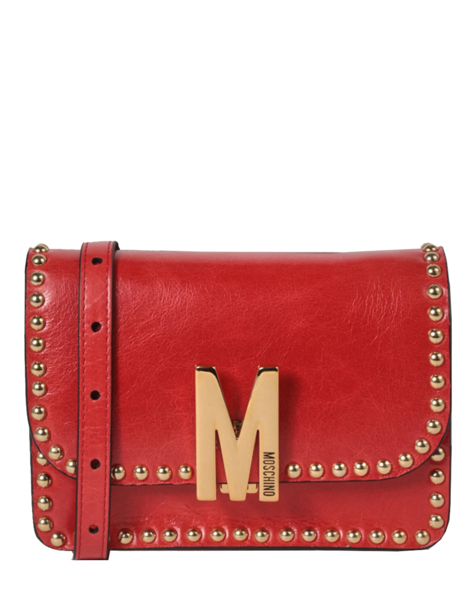 Moschino M Logo Studded Leather Shoulder Bag