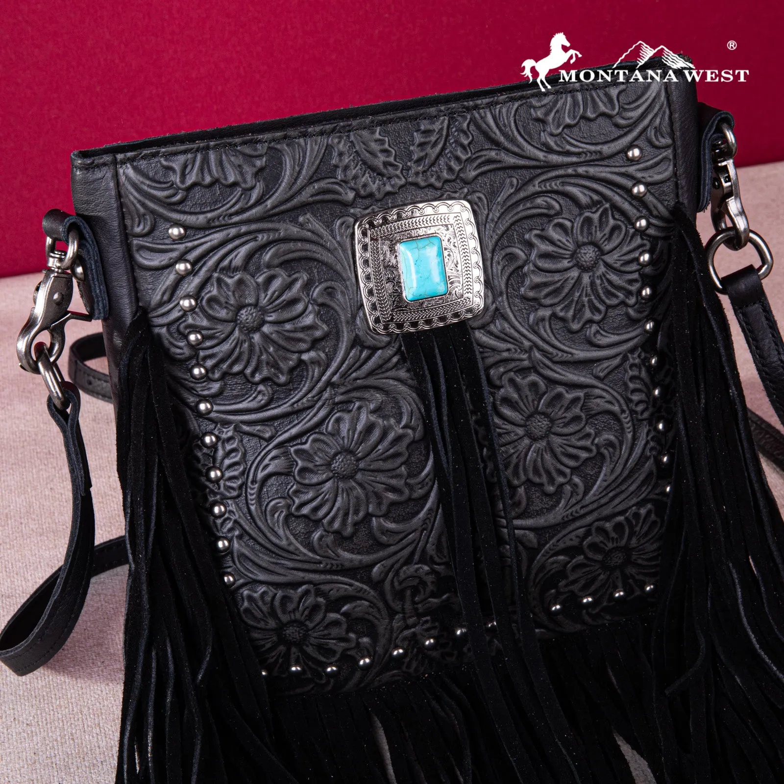 MWR-062 Montana West Genuine Leather Tooled Silver Turquoise Concho Fringe Crossbody - Black